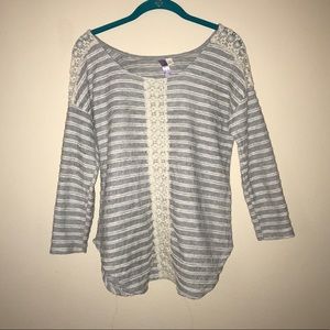 Francesca's Grey Striped shirt with lace detail